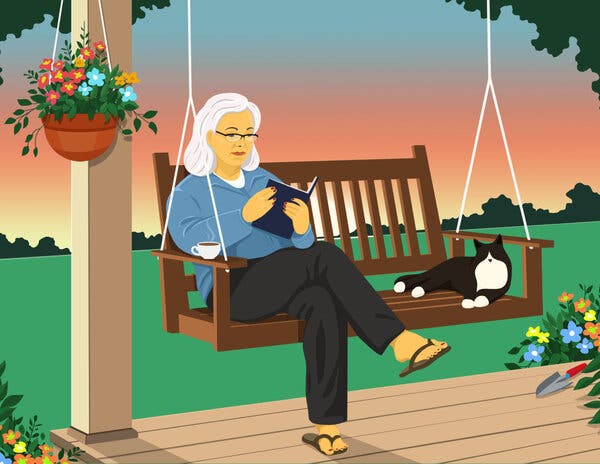 An illustration shows an older woman reading on a porch swing, with her black-and-white cat lounging next to her.