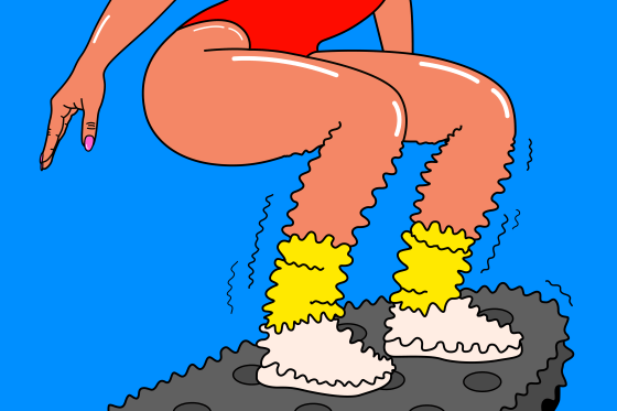 Illustration of a woman in sneakers, socks and leotard crouches on a vibration plate as her feet and legs shake.