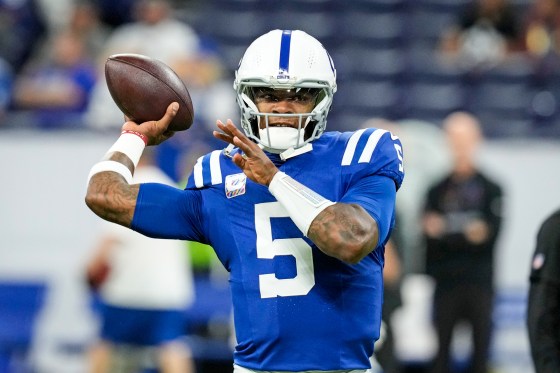 Indianapolis Colts quarterback Anthony Richardson warms up before a game against the Pittsburgh Steelers in Indianapolis on Sunday.