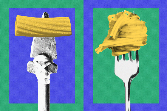 Photo illustration of an ancient spear piercing a piece of pasta and a fork with spaghetti around it