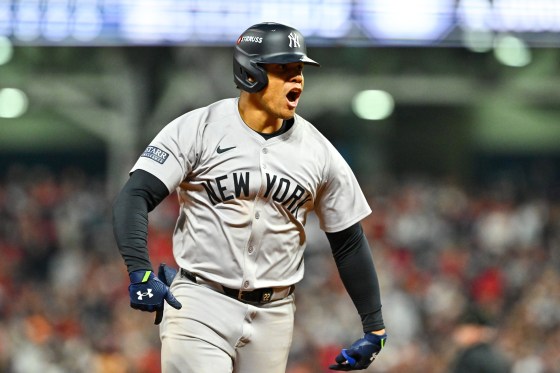 Juan Soto of the New York Yankees rounds the bases after hitting a home run in the 10th inning against the Cleveland Guardians during Game Five of the American League Championship Series.