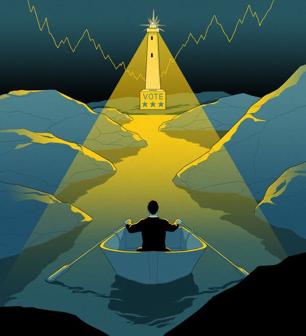 An illustration of a man in a blue rowboat that is heading toward a yellow lighthouse-like building with the word "vote" on it.