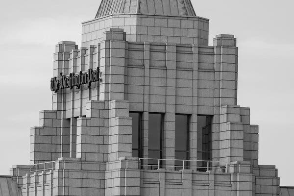 The Washington Post building is shown in a black-and-white photo.