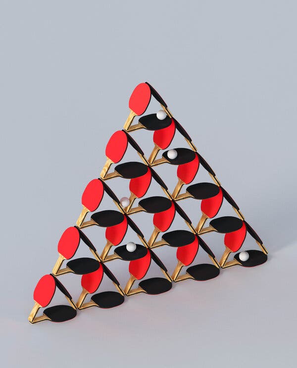 An illustration shows a pyramid constructed of red ping pong paddles with a few ping pong balls resting on them.