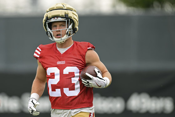 San Francisco 49ers running back Christian McCaffrey during training camp in Santa Clara, Calif., on July 27.