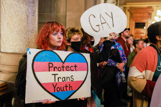 Protesters hold a placard that says, "Protect trans youth" and "Gay."