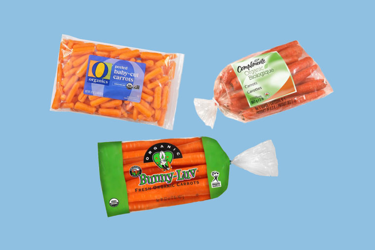 An assortment of three bags of carrots edited against a blue background