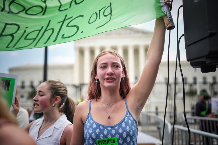 An abortion rights advocate cries outside the Supreme Court after it overturned Roe v. Wade on June 24, 2022.