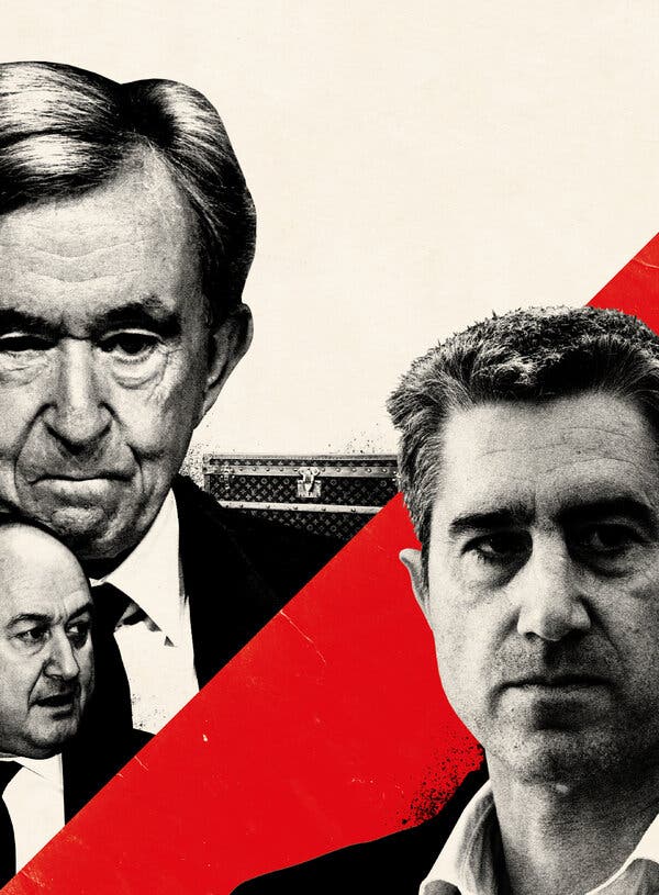 A photo illustration featuring the faces of Bernard Arnault, François Ruffin and Bernard Squarcini.