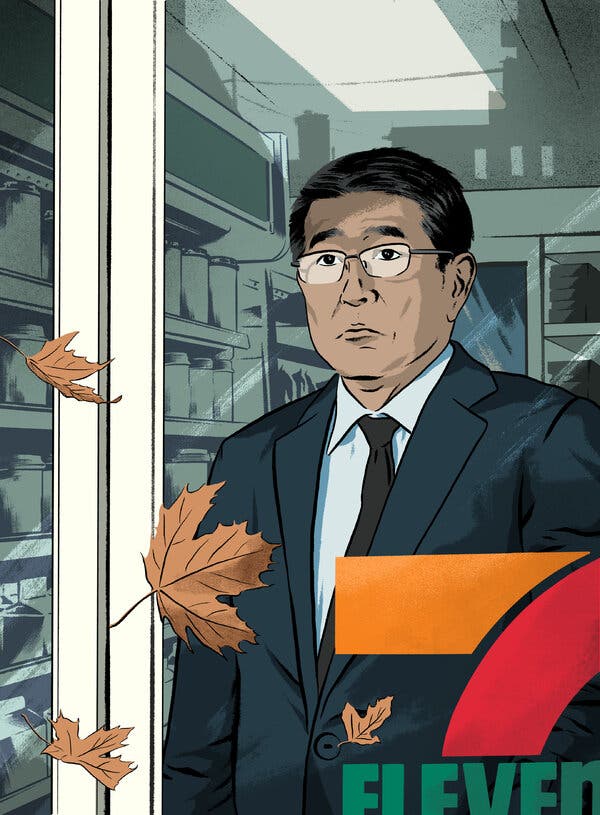 An illustration of Junro Ito looking out through a glass door to a 7-Eleven, with a few maple leaves falling outside.