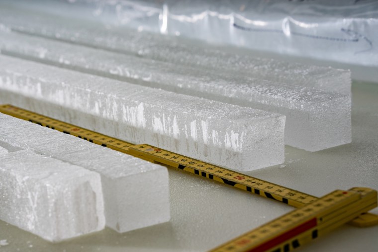 Longitudinal ice core samples awaiting analysis for lead and other chemicals using the continuous ice core analytical system at the Desert Research Institute.