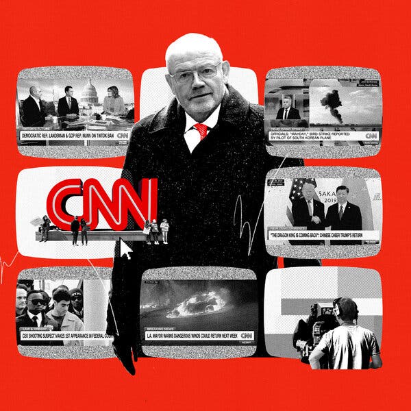00cnn-articlelarge-v6 A photo illustration shows Mark Thompson among a matrix of TV screens that display CNN news reports, a camera operator, and the CNN logo in red.