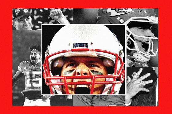 Photo illustration of Tom Brady and Patrick Mahomes against a red background