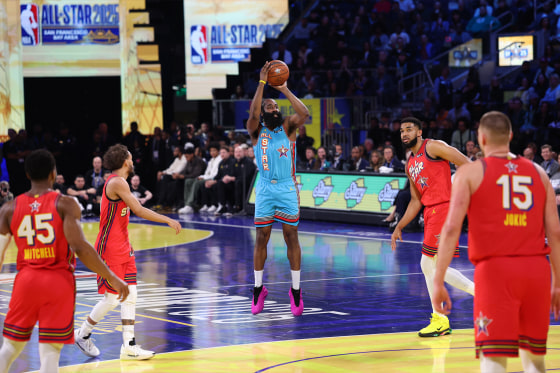 24217-james-harden-rc-1210a-e11e9a-1 James Harden, No. 1 of Team Shaq, shoots a three point basket against Team Chuck during the 74th NBA All-Star Game on Sunday.