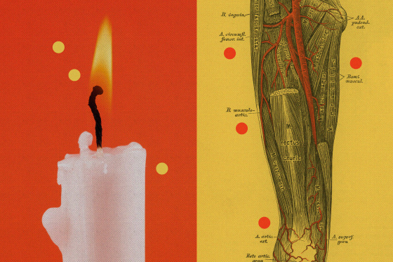 Photo illustration of a candle against an orange background alongside an anatomical drawing of a leg