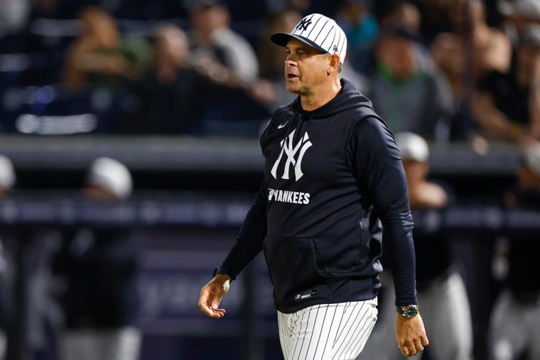 250325-aaron-boone-mn-1533-6f27d7 New York Yankees Manager Aaron Boone walks to the mound to make a pitching change during a spring training game on Feb. 28, 2025 in Tampa, Florida.