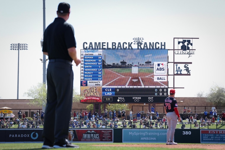 250325-automated-ball-strike-mn-1530-5b7c2b The video board displays the Automated Ball-Strike (ABS) system during a challenge by the Los Angeles Dodgers on March 11, 2025 in Glendale, Arizona.
