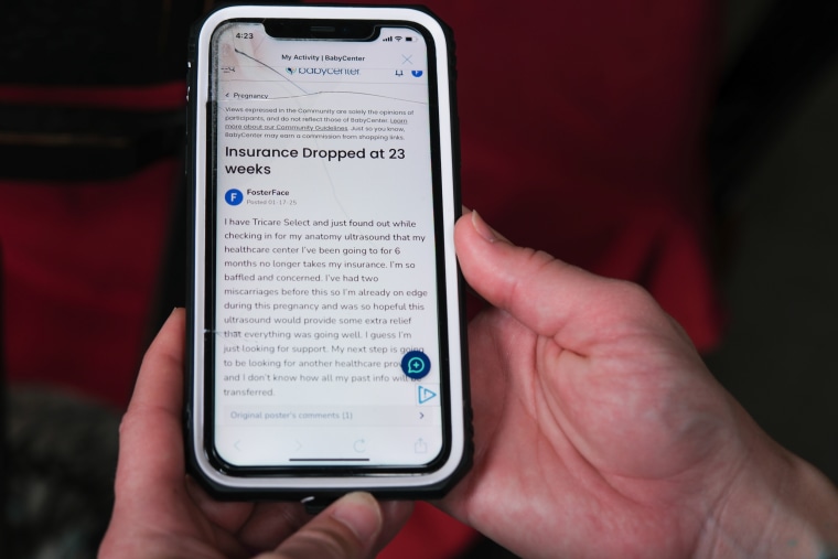 250417-pregnant-women-military-insurance-tricare-1-se-219a-b43c27 Cortney Frazon shows her original post on the BabyCenter app about losing her provider in Lee's Summit, Missouri on April 9, 2025.